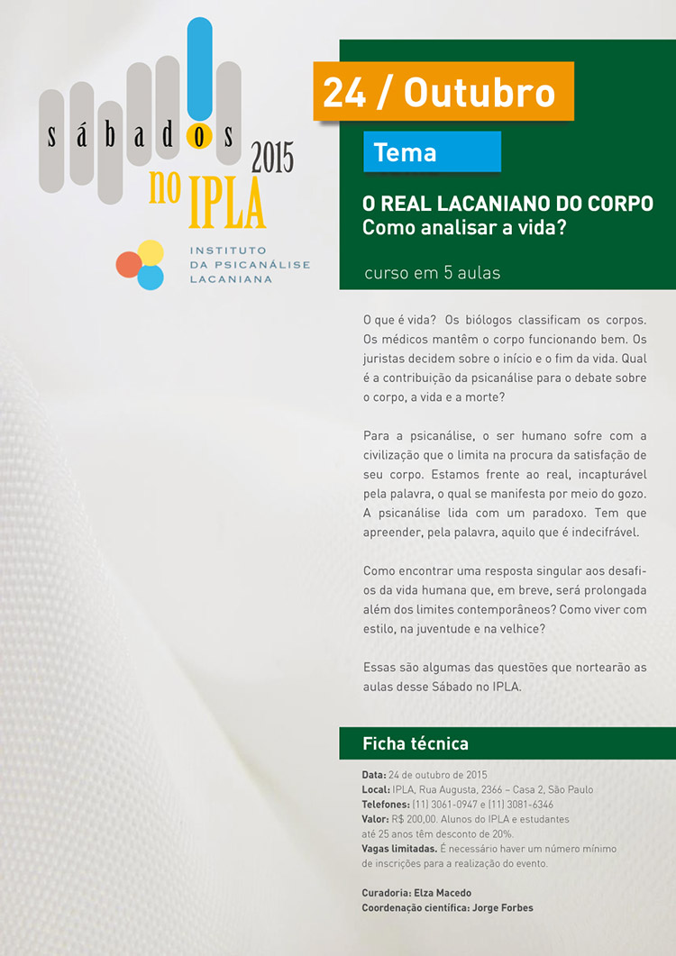 Sábados no IPLA – 24/10 – O Real Lacaniano do Corpo