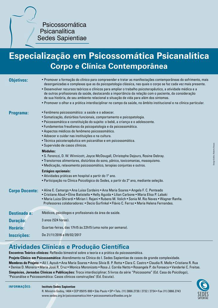 Corpo e Clínica Contemporânea - Especialização em Psicossomática Psicanalítica 2017